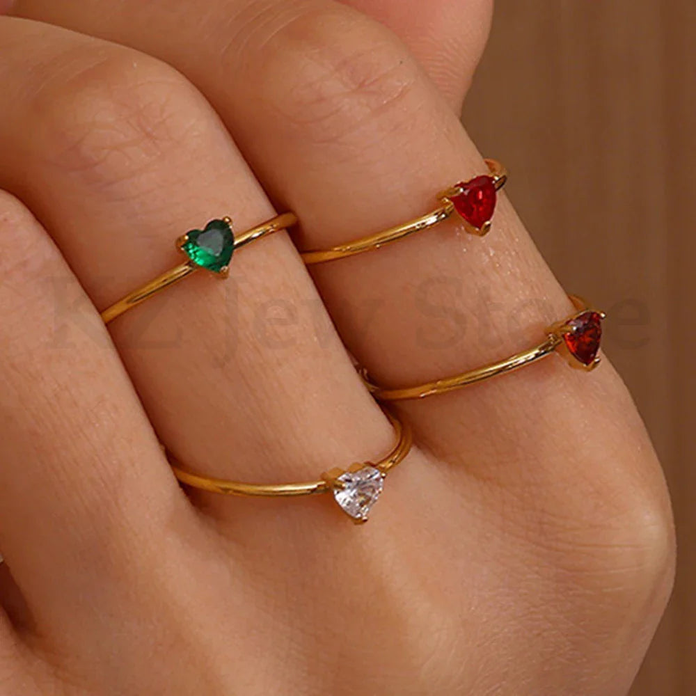 2025 Birth Colorful Cubic Zircon Heart Opening Rings For Women Fashion Dainty Stainless Steel Princess Ring Jewelry Wedding Gift Vera Lux
