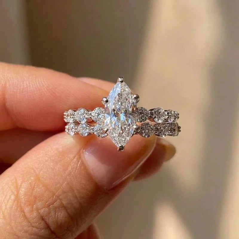 925 Sterling Silver New Fashion Design Marquise Cubic Zirconia Set Rings for Women Modern Trend Bridal Wedding Sparkling Jewelry Vera Lux