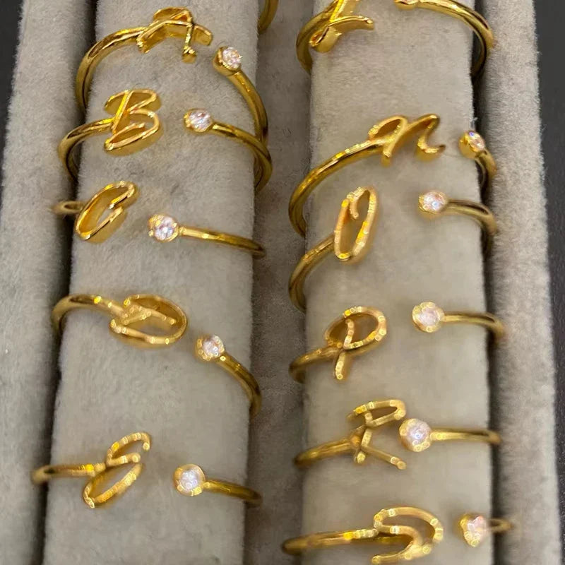 A-Z Initial Letter Open Rings for Women Stainless Steel Gold Color Zircon Adjustable Ring Trendy Couple Wedding Jewelry Gift Vera Lux