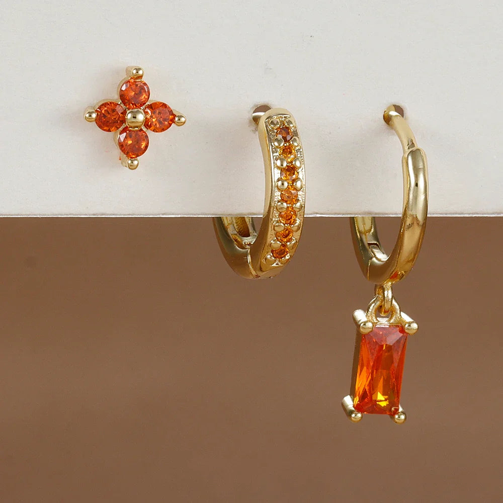 3PCS Fashion Orange Blue Zircon Hanging Earrings Set for Women Stainless Steel Flower Dangle Earring Piercing Jewelry Vera Lux