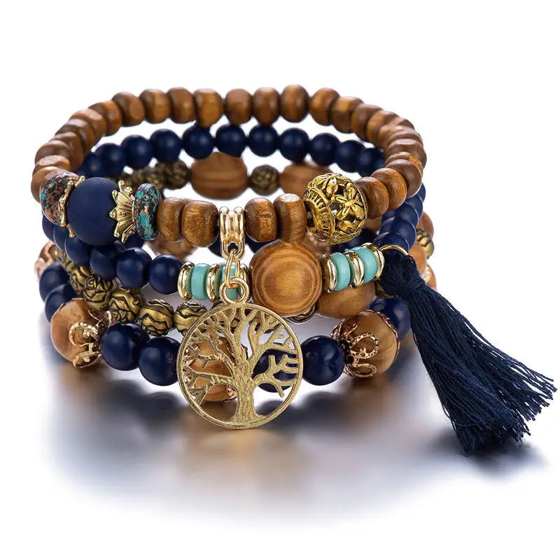 4Pcs Bohemia Tree Of Life Charm Beaded Bracelet Set For Women Handmade Wood Beads Chain Bangle Female Boho Jewelry Vera Lux