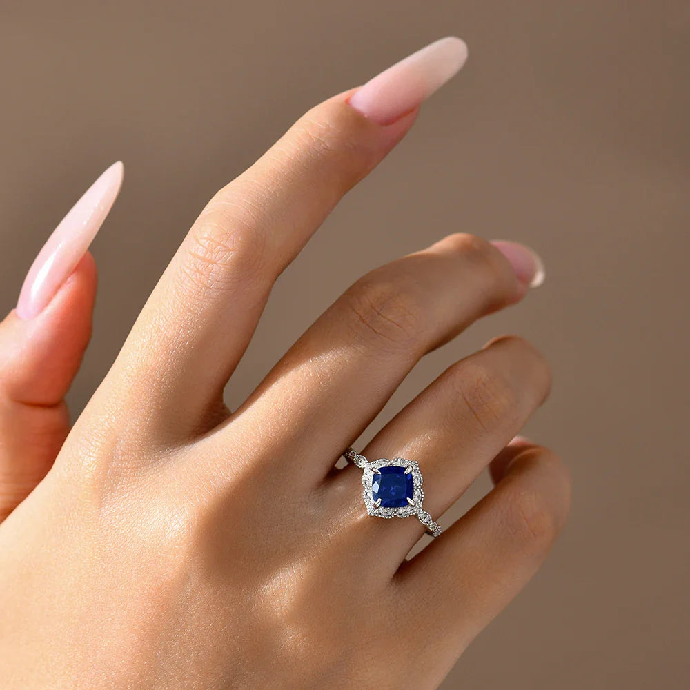 MINTYBOX S925 Silver 2.0ct Cushion Sapphire Engagement Rings for Women Lab Gemstone Halo Ring Wedding Fine Jewelry Bride's gift Vera Lux
