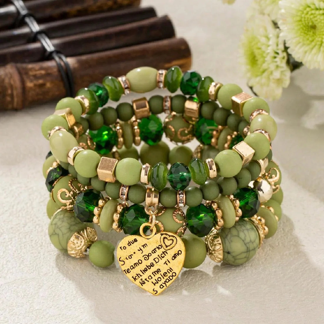 4Pcs Boho Crystal Beads Chain Bracelet Set For Women Vintage Heart Charm Elastic Bangle Female Fashion Party Jewelry Vera Lux