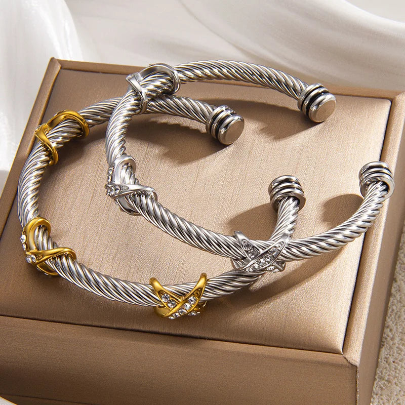 1pcs Stainless Steel 8-shaped Cross Diamond Bracelet Trendy Fashion Versatile Steel Rope Open Bracelet Party Jewelry Gifts Vera Lux