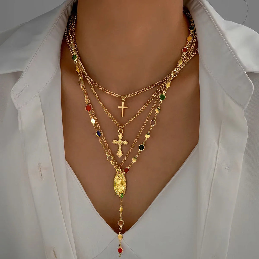 4Pcs/Set Cross Colorful Crystal Necklaces For Women Simple Gold Silver Color Y-Shaped Pendant Necklace Set New Christian Jewelry Vera Lux