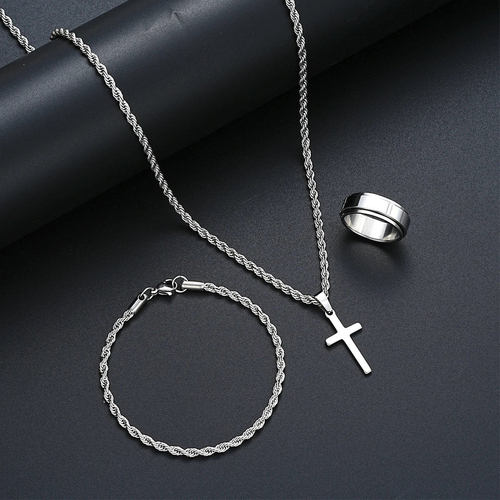 Stainless Steel Simple Jewelry Set For Men Women Fashion Silver Color Cross Pendant Twisted Rope Necklace Bracelets Ring Gifts Vera Lux