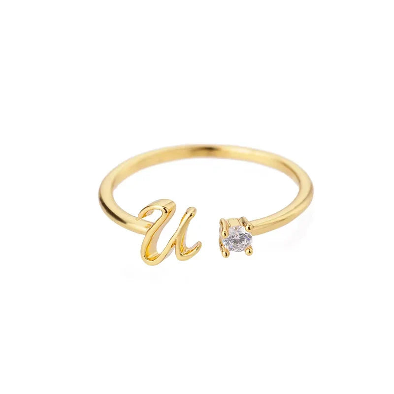 A-Z Initial Letter Open Rings for Women Stainless Steel Gold Color Zircon Adjustable Ring Trendy Couple Wedding Jewelry Gift Vera Lux