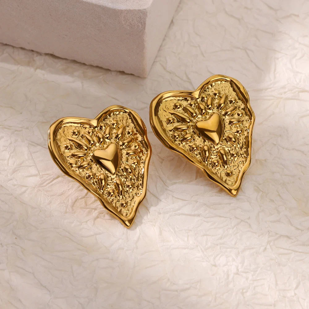 Stainless Steel Irregular Heart Texture Stud Earring for Women Gold Color Heart Wedding Aesthetic Earring Jewelry Accessories Vera Lux