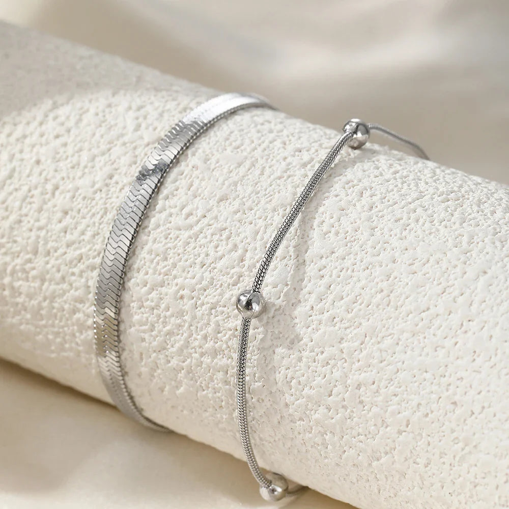 Stainless steel anklet bead strings snake bone chain double layered stacking anklet beach vacation ladies seaside party matching Vera Lux