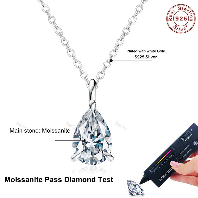 NeeTim Water Drop1ct 2ct Moissanite Pendant Necklace S925 Silver Pear Cut Lab Diamond Neckchain with Certificate for Women Vera Lux