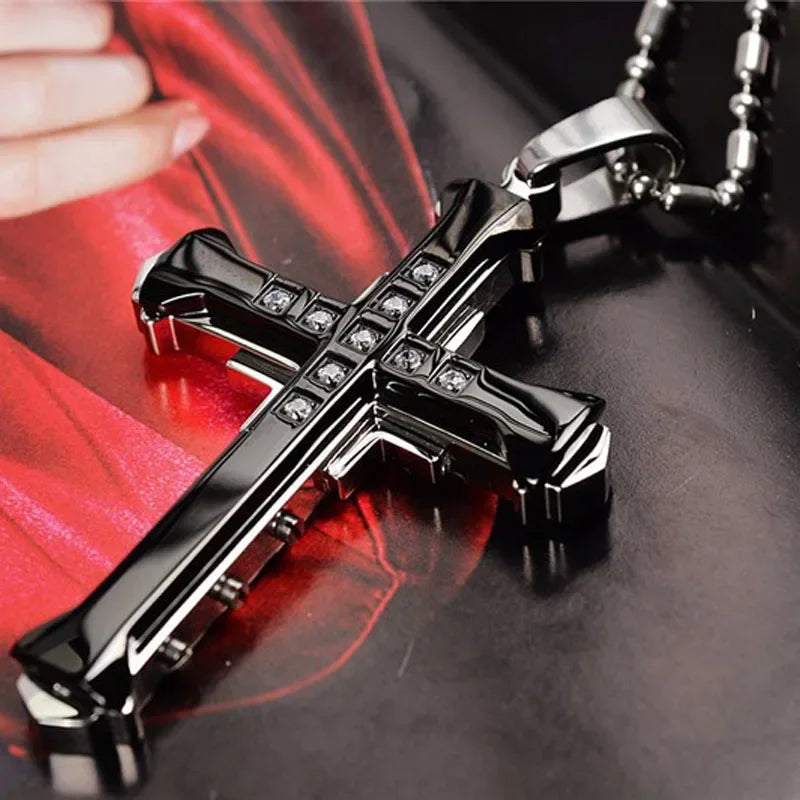 Men's Crystal Cross Pendant Necklace, Gold/Black/Blue Zirconia, Stainless Steel Jesus Cross Jewelry Vera Lux