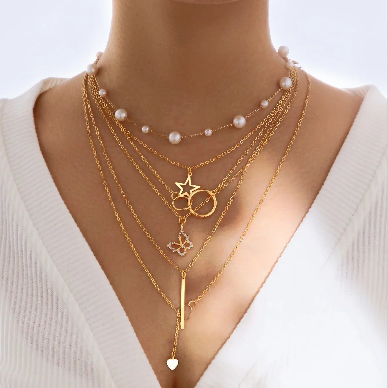 11 Pcs Women's Zircon Necklace Set Gold Color Fashion Love Heart Butterfly Pendant Hypoallergenic Neck Chain Boho Jewelry Gifts Vera Lux