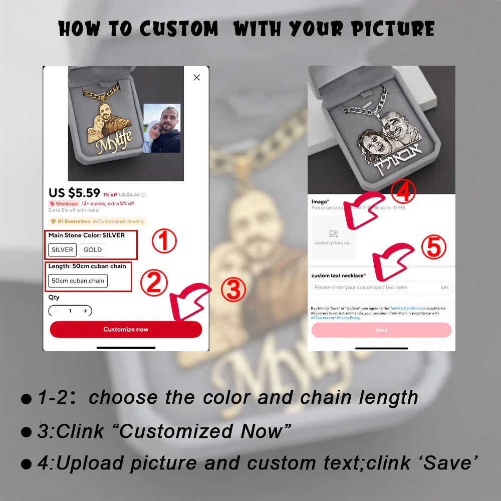 Custom Picture Nameplate Pendant Custom Photo Necklace Engraved Portrait Necklace Christmas Gift for Kids Jewelry Family Gifts Vera Lux