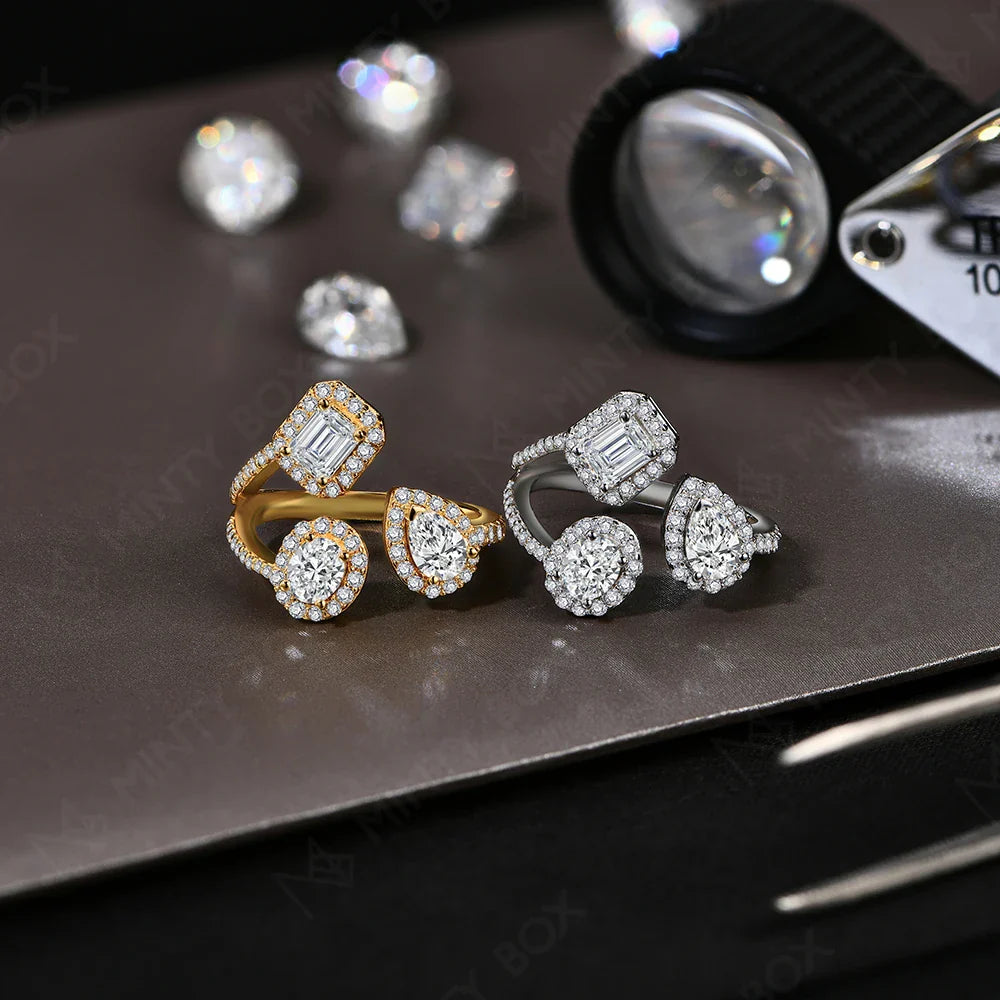 MINTYBOX Three Stone Lab Diamond Ring S925 Sterling Silver Moissanite Rings For Women 18K Gold Plated Engagement Party Gift Vera Lux