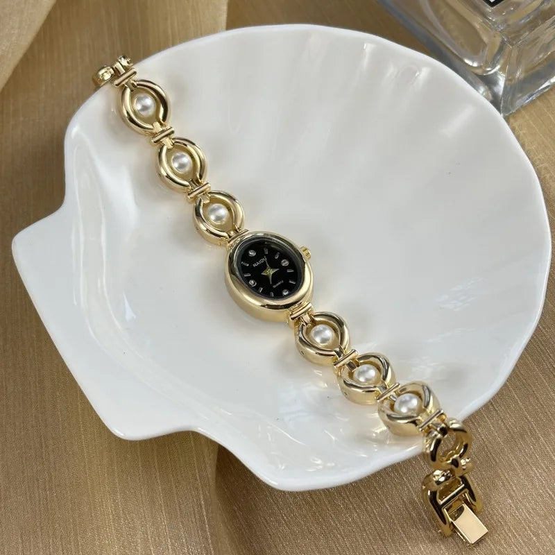 Luxury Pearl Inlaid Bracelet Watch Fashion Women Quartz Watch Brand Oval Dial Dress Wristwatches Dropshipping Relojes Para Mujer Vera Lux
