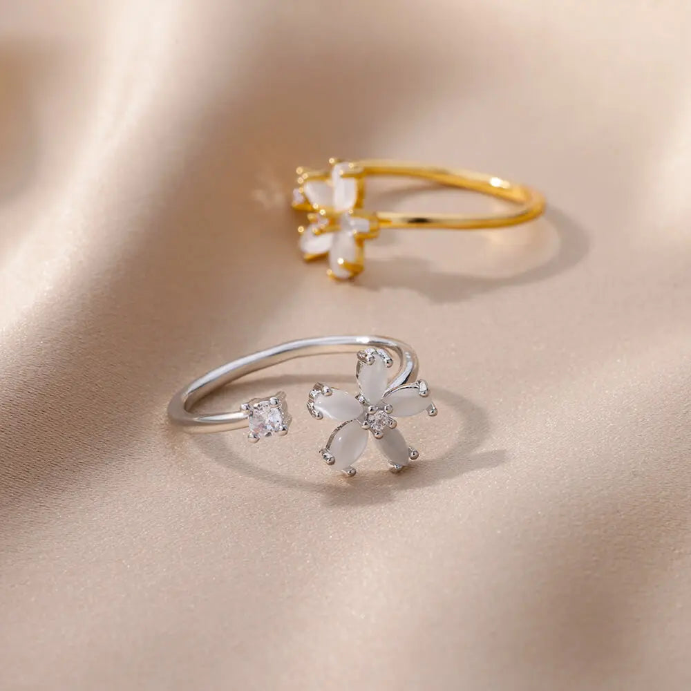 Opal Flower Rings For Women Cubic Zirconia Openning Stainless Steel Flower Ring Wedding Floral Aesthetic Jewelry anillos mujer Vera Lux