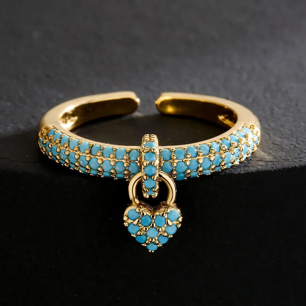 NEWBUY Fashion Colourful Cubic Zirconia Pave Setting Wedding Jewelry 2024 Trendy Gold Color Heart Charm Finger Ring For Women Vera Lux