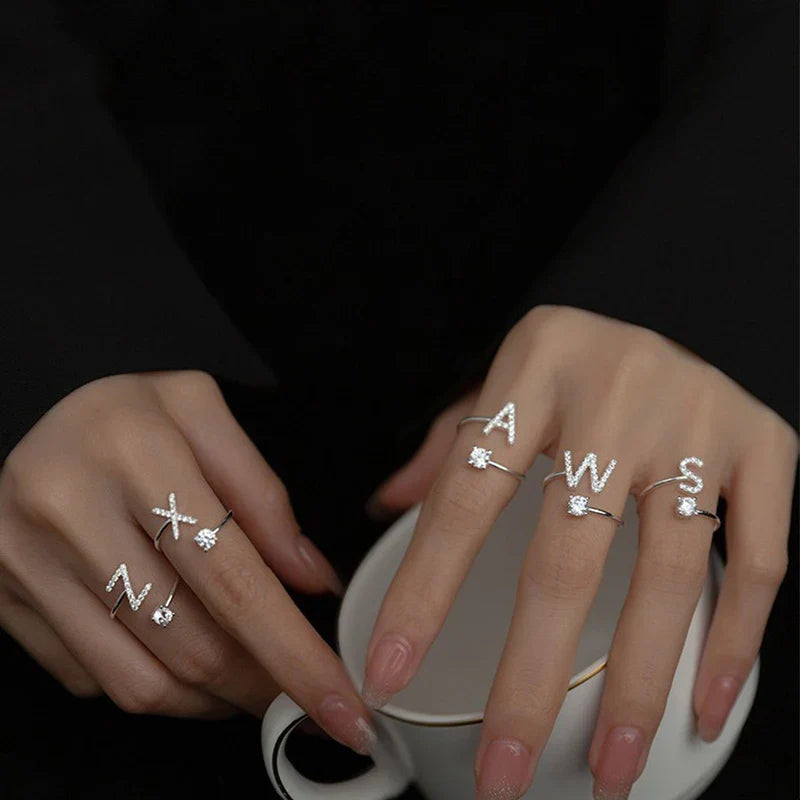 LATS Zircon Initial A-Z Letter Rings for Women Girl Adjustable Opening Ring Name Alphabet Female Wedding Fashion Jewelry Gift Vera Lux