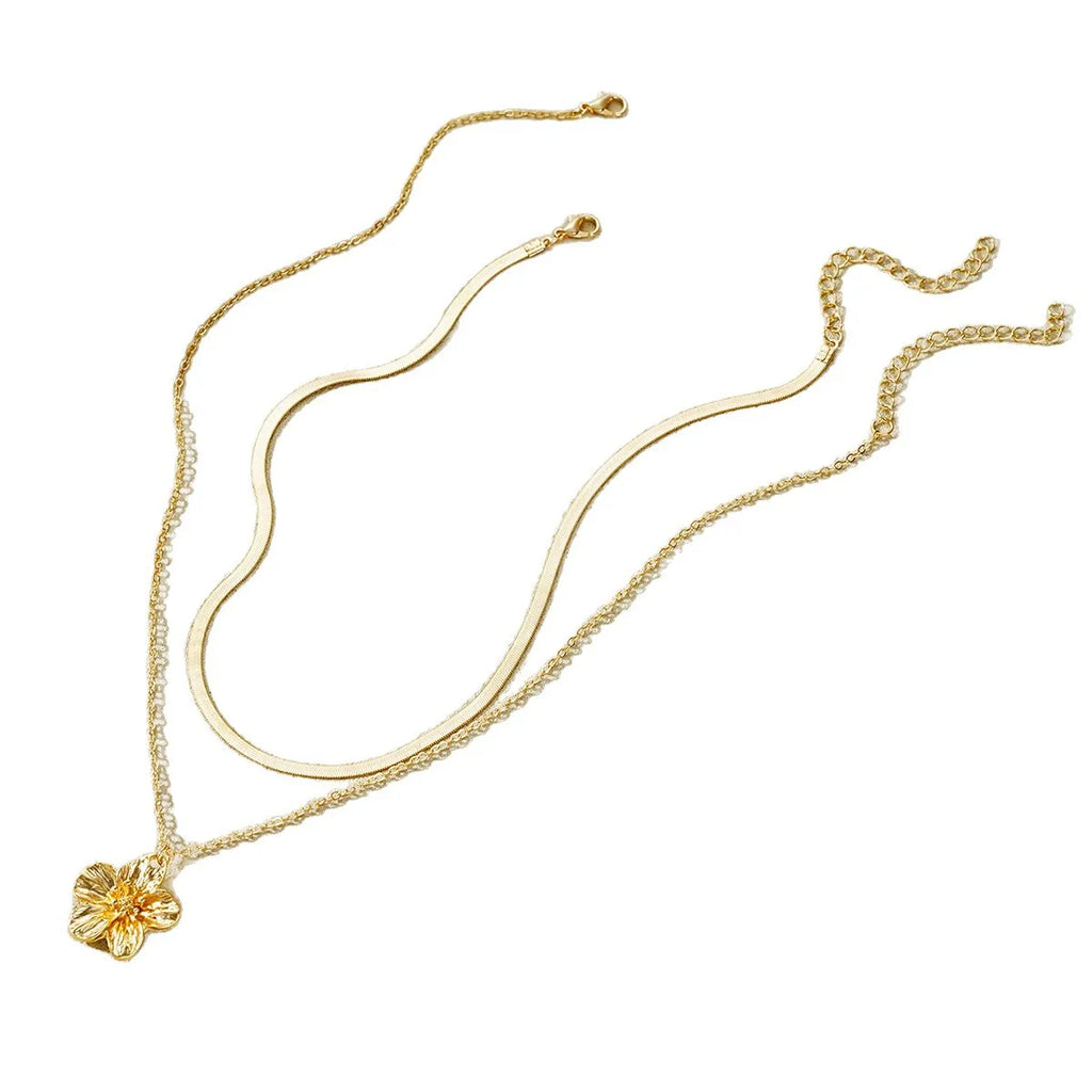 Stainless Steel Golden Flower Pendant Double layer Necklace Flat Snake Chain Lady New Waterproof Fashion Jewelry Vera Lux