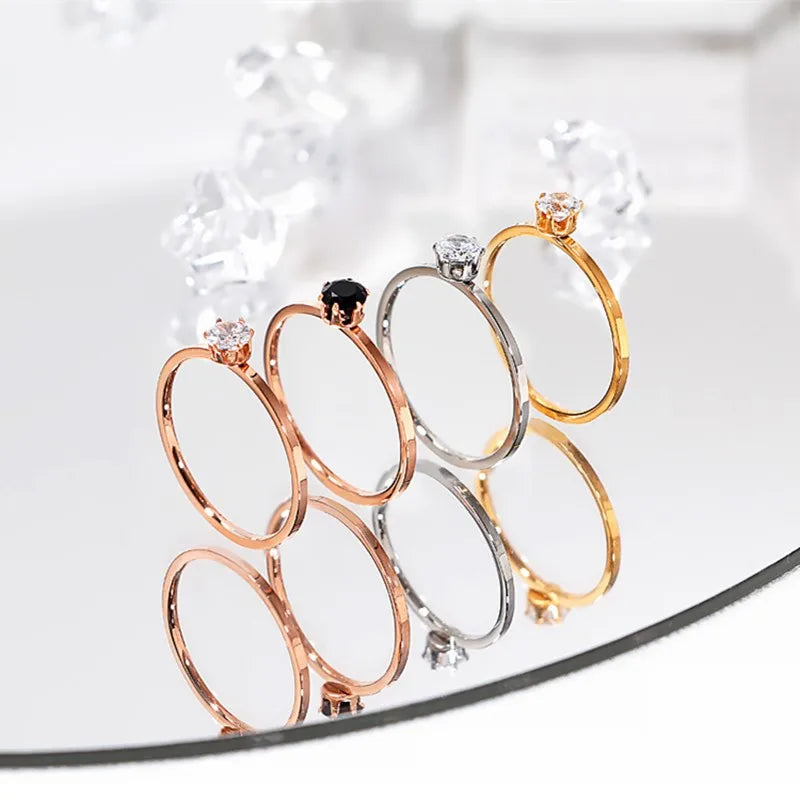 Stainless Steel Single CZ Ring Simple 1mm Thin Wedding Band for Women Girl Size 3-10 Vera Lux