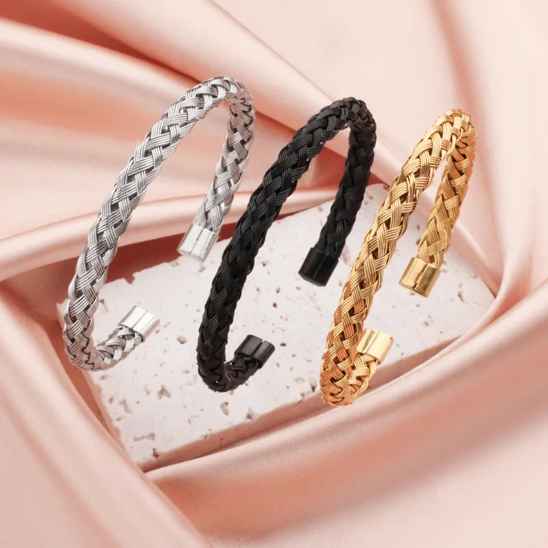 1Pcs Titanium Steel Woven Bangle Trendy And Minimalist Style Steel Wire Braided Adjustable C-shaped Opening Bracelet Vera Lux
