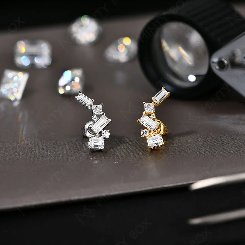 MINTYBOX Moissanite Stud Earrings for Women S925 Sterling Silver Lab Diamond Baguette shape Irregular Earring Engagement Jewelry Vera Lux