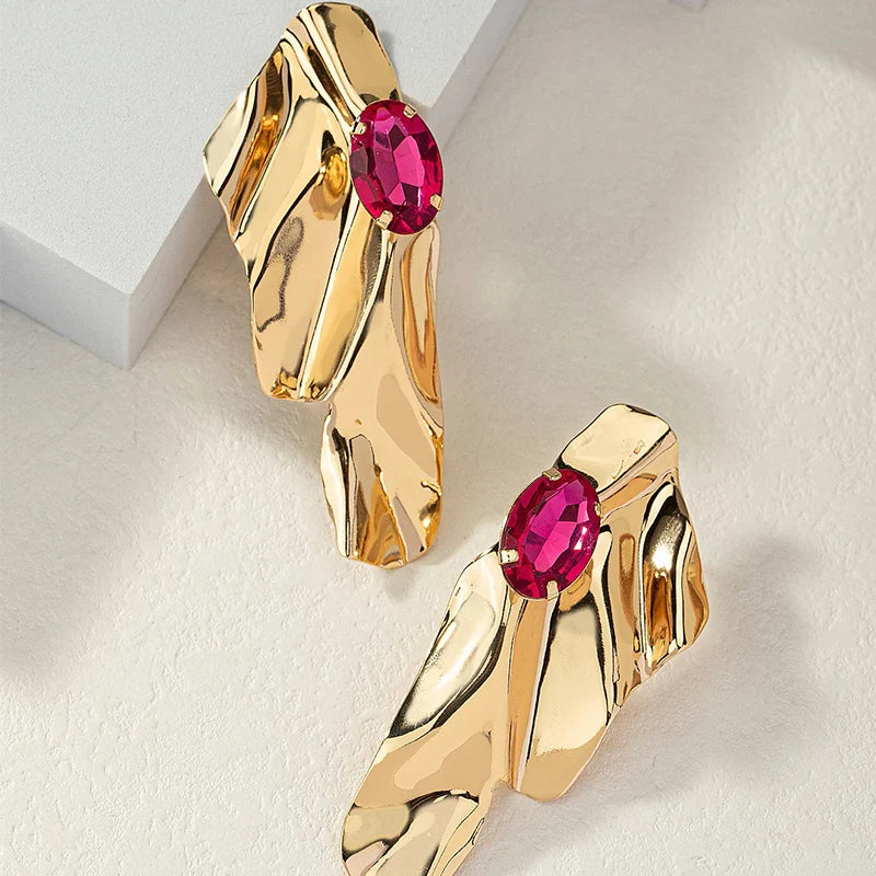 Obega Geometric Fuchsia Stone Earrings  Warm Gold Color Flower Shape Women Earring Stud Party Beach Jewelry For Girls Vera Lux