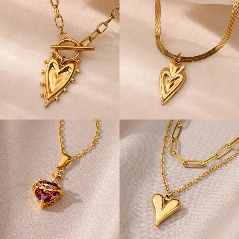 Geometric Heart Necklaces For Women Stainless Steel Gold Color Snake Chain Heart Necklace Aesthetic New Wedding Jewelry Gift Vera Lux