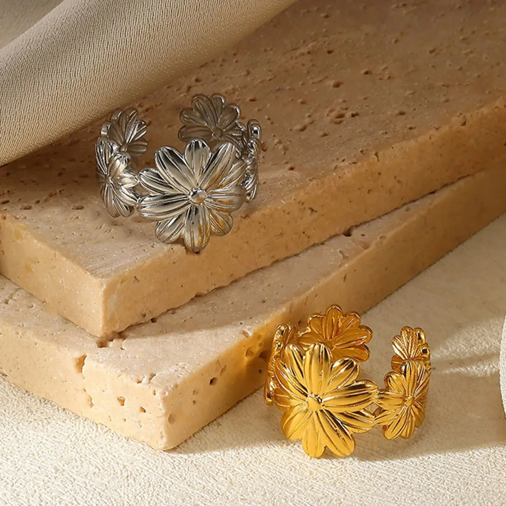 Unique Design Flower  Rings For Women Geometric Stainless Steel Flower Opening Ring Gold Color Jewelry Gift Anillos Vera Lux