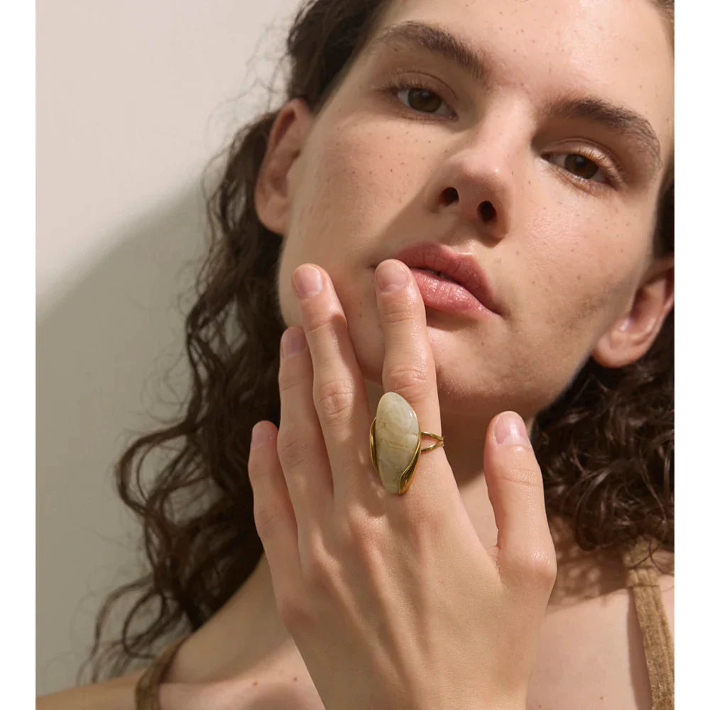Yhpup New Design Brown Green Beige Resin Geometric Adjustable Ring Golden PVD Stainless Steel Rust Proof Finger Jewelry Gift Vera Lux