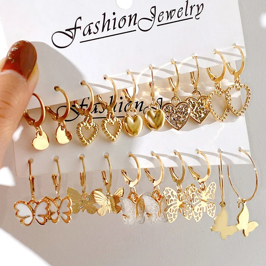 New Gold Color Butterfly Love Hoop Earrings Set New Creative Simple Heart Hollow Dangle Earring for Women Fashion Trendy Jewelry Vera Lux