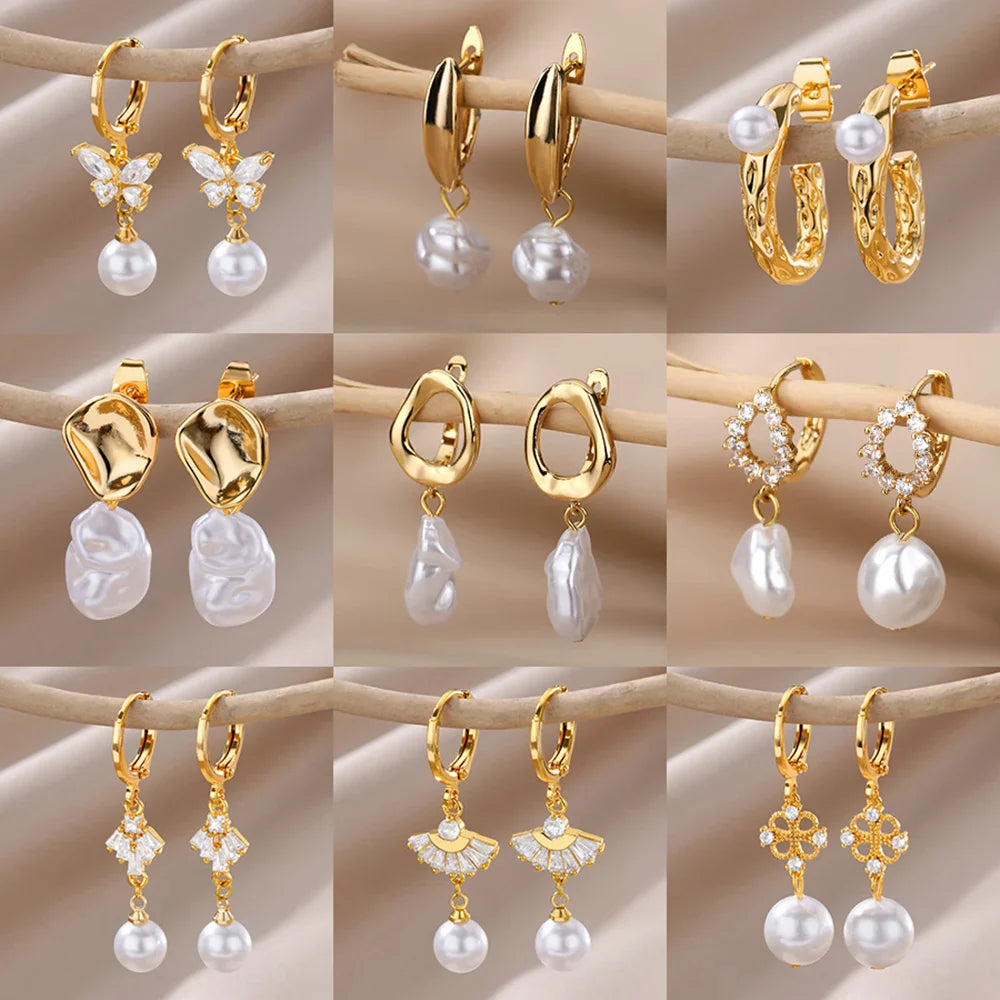Fashion Circle Imitation Pearl Drop Earrings for Women Gold Color Stainless Steel Round Geometric Hoop Earring Wedding Jewelry Vera Lux