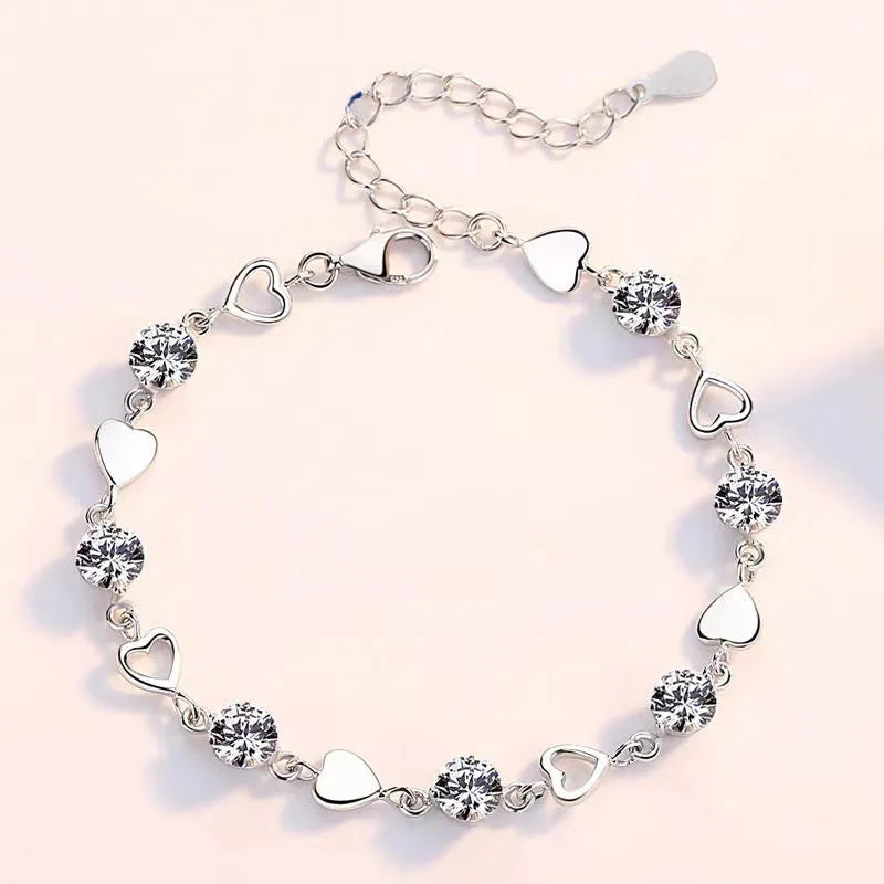 925 Sterling Silver Heart Shaped Necklace Bracelet Set for Women Vintage Korean Crystal Bracelets High Quality Set Party Jewelry Vera Lux