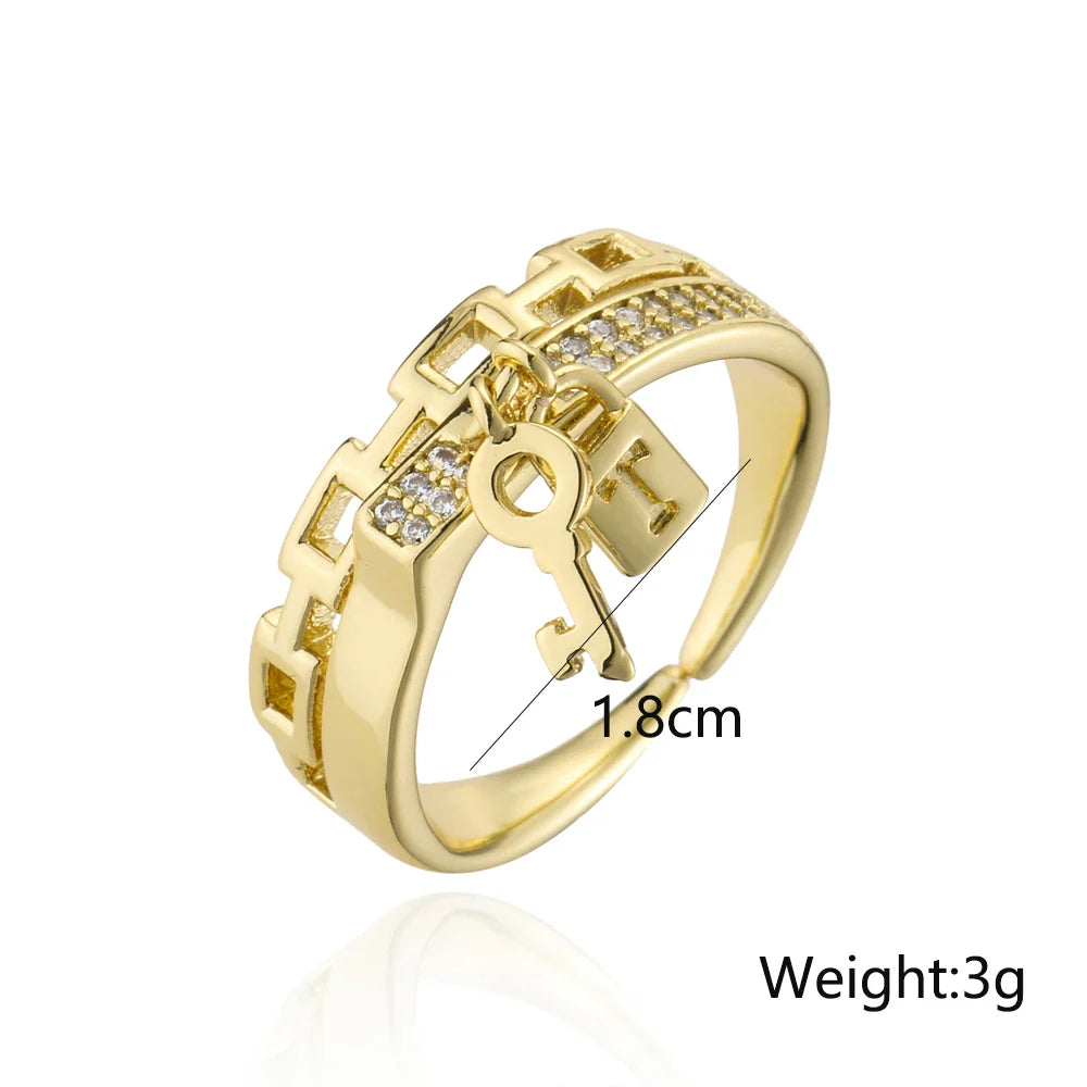 NEWBUY Fashion Gold Color Copper Wedding Jewelry Luxury AAA CZ Zircon Lock & Key Charm Finger Ring Adjustable For Women Girl Vera Lux