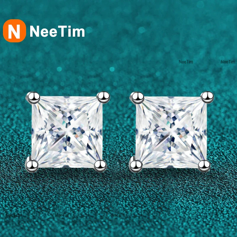 NeeTim 1ct 2ct Princess Cut Moissanite Earrings s925 Sterling Silver Plated with White Gold Plated Ear Studs for Women Jewelry Vera Lux