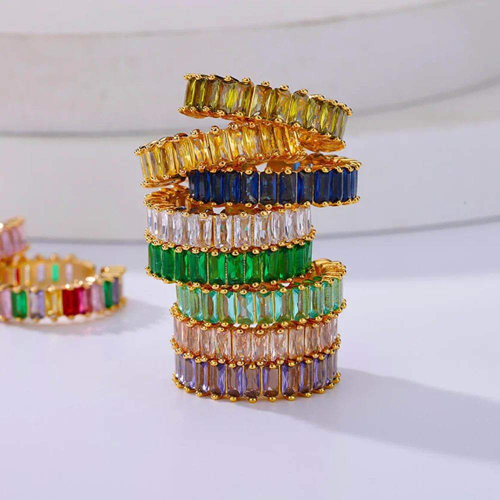 Gold Color Cubic Zircon Rings For Women Open Stainless Steel Green Luxury Crystal Finger Ring Boho Jewelry Wedding Party Gift Vera Lux