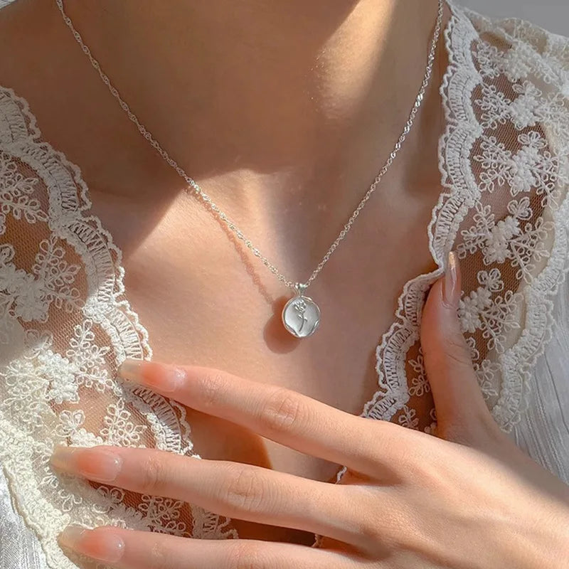 VENTFILLE 925 Silver Circular Geometry Rose Necklace Dropwise Glaze Korean Gentle Jewelry Birthday Gift Wholesale Vera Lux