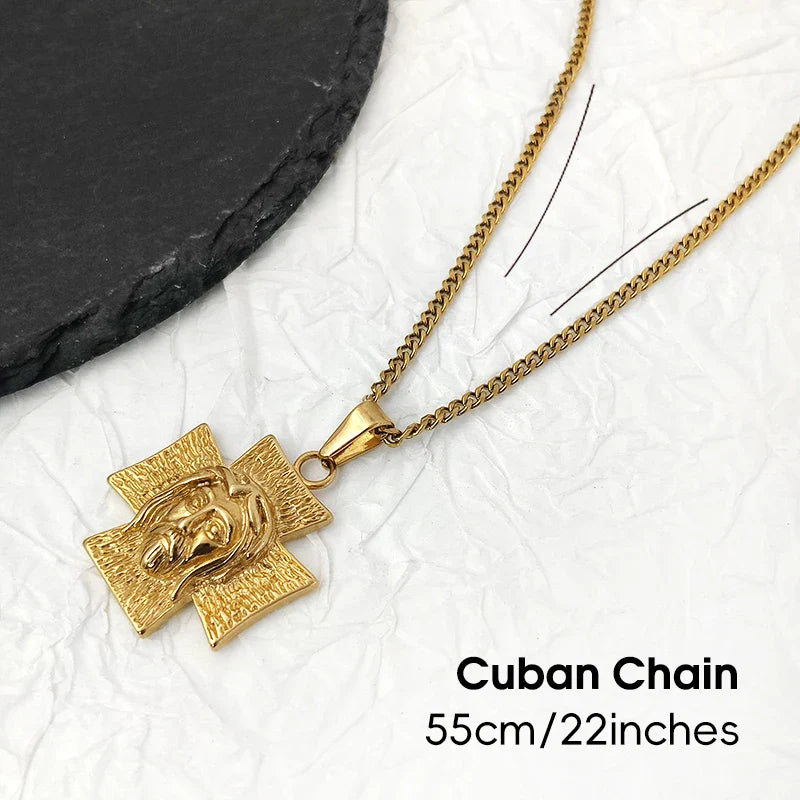 18K Gold Plated Jesus Face Cross Pendant Necklace Religious Charm for Men Women Faith-Inspired Jewelry Christian Gift Vera Lux