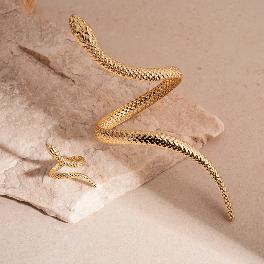 2025 New Arrival Snake Shaped Cuff Bracelet Ring Set for Women Exaggerated Metal Unique Design Bracelet Fashion Jewelry Set Vera Lux