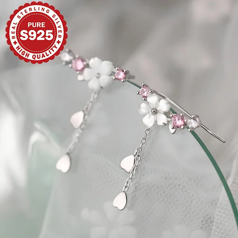 S925 Sterling Silver Sakura Tassel Earrings Cute Elegant Korean Style Versatile Classic Pendant Earring Allergy Free Vera Lux