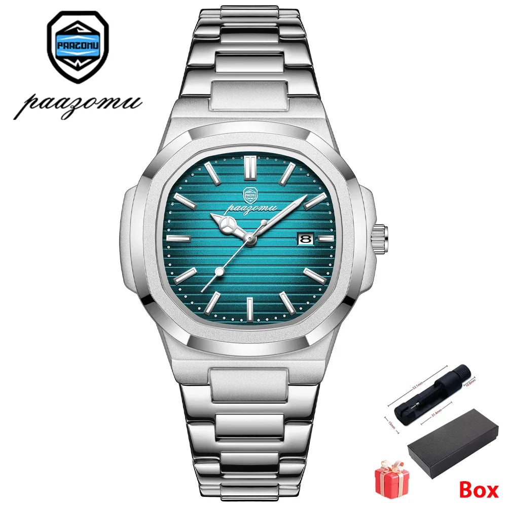 PAAZOMU Luxury Watch Business 50 ATM Waterproof Male Clock Luminous Date Stainless Steel Square Quartz Men Watches reloj hombre Vera Lux