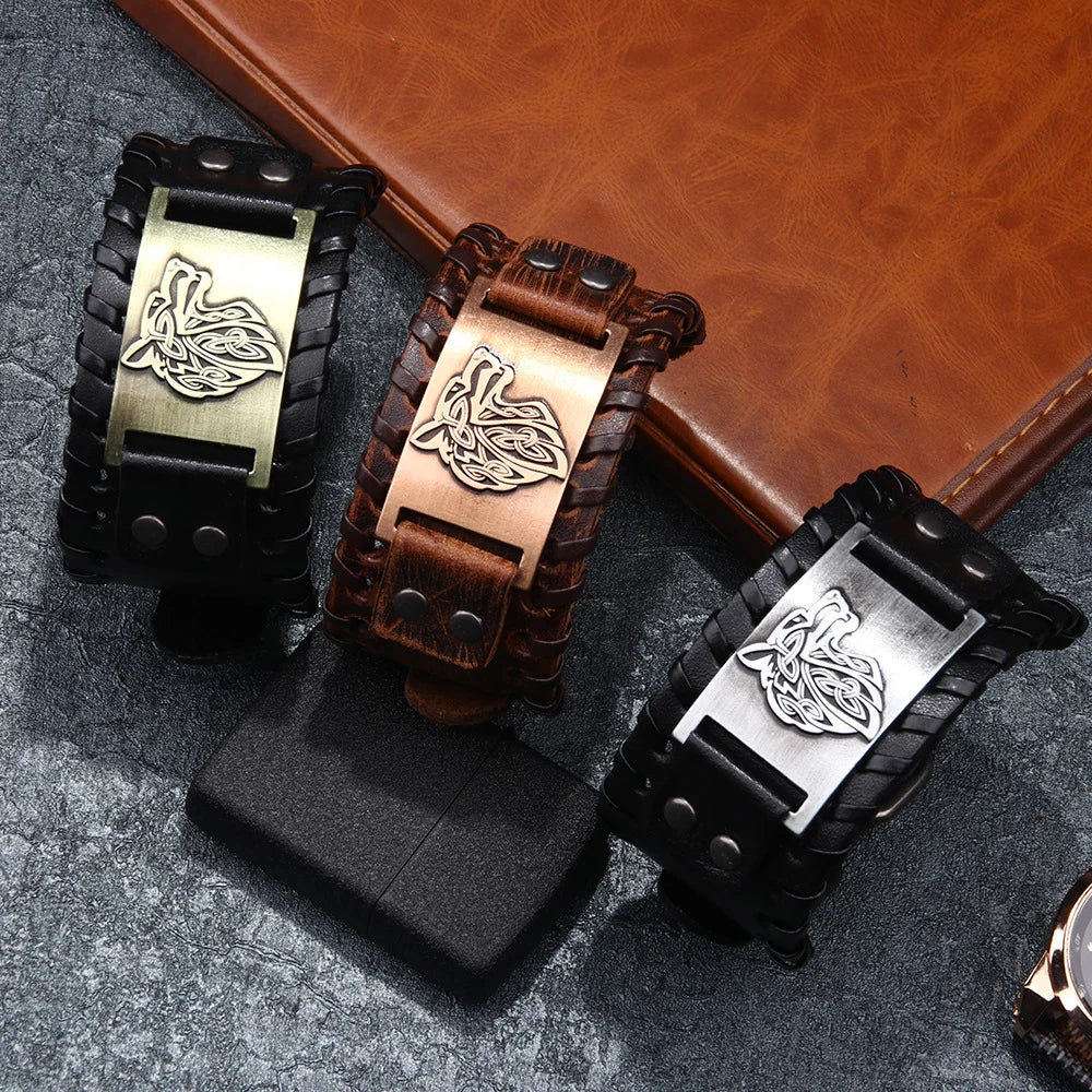 Men's Stylish Viking Themed Leather Wristband Bold Wolf Motif Metal Embellishment Bracelet Punk Rock Parties Jewelry Unique Gift Vera Lux