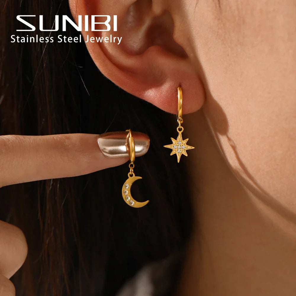 SUNIBI Stainless Steel Drop Earrings for Women Girl Star Moon Pendant Earrings Fashion Party Gifits Wedding Jewelry Wholesale Vera Lux