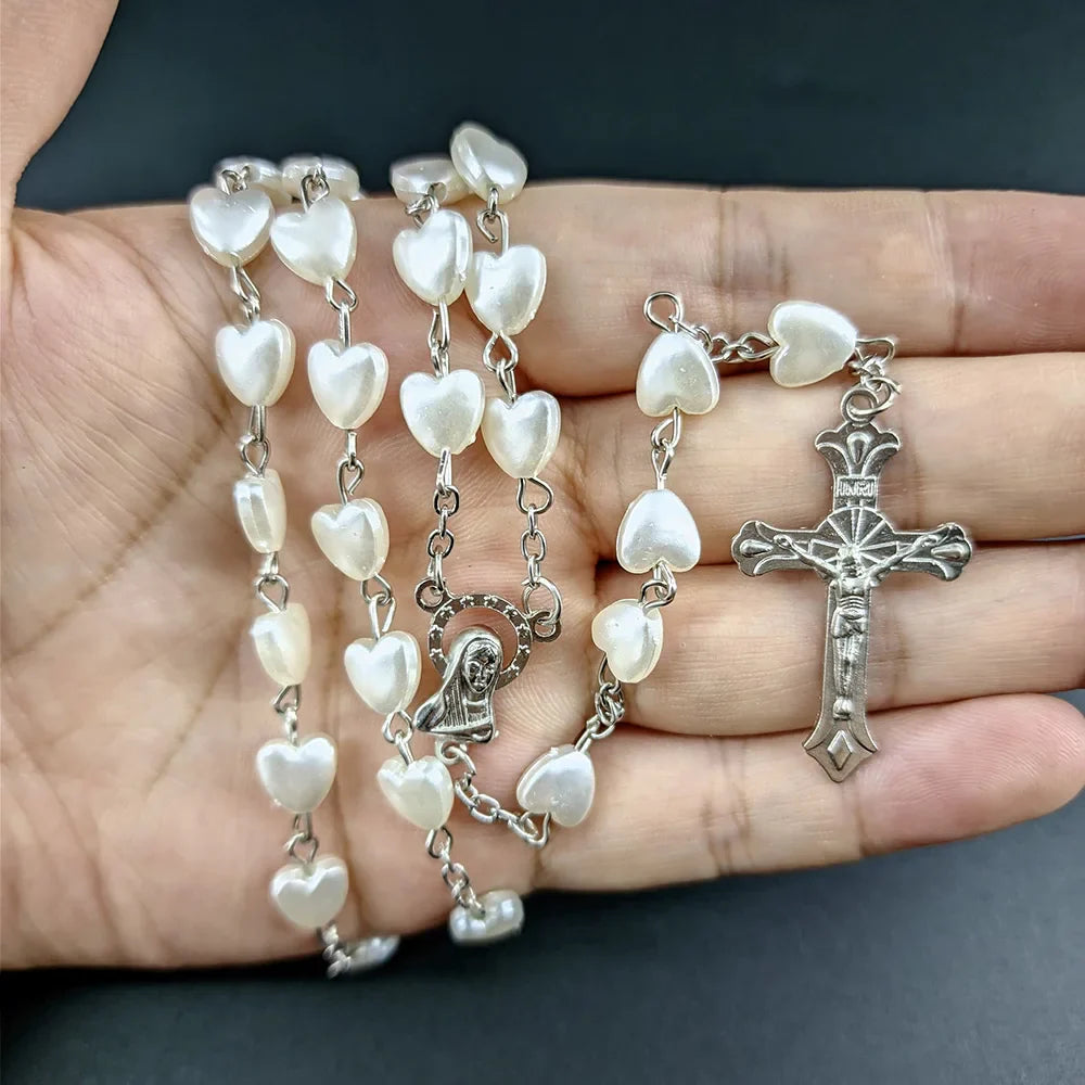 White Heart Rosary Necklace For Women Virgin Mary Cross INRI Pendant Long Chain Men Religion Prayer Party Jewelry Accessories Vera Lux