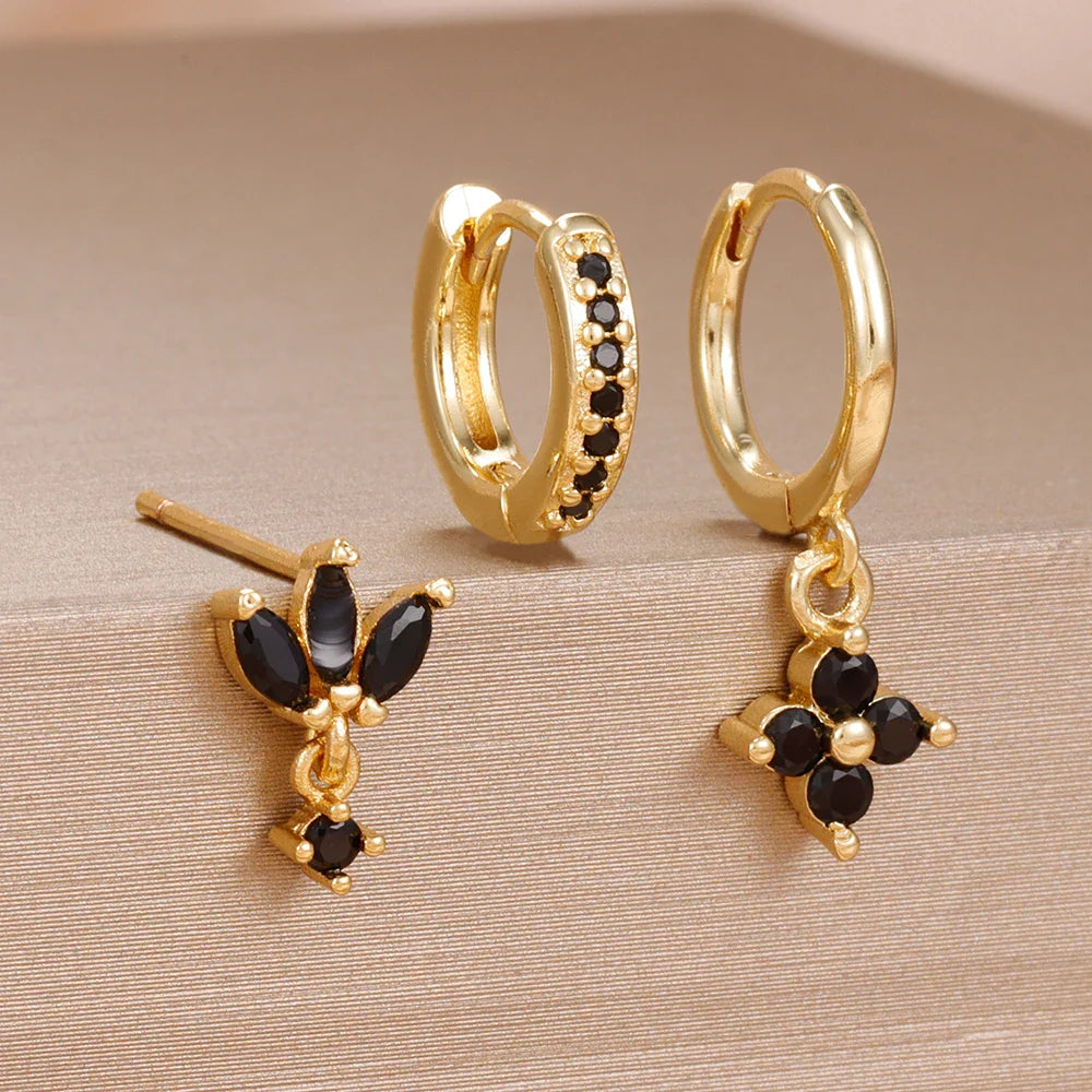 3PCS Fashion Orange Blue Zircon Hanging Earrings Set for Women Stainless Steel Flower Dangle Earring Piercing Jewelry Vera Lux