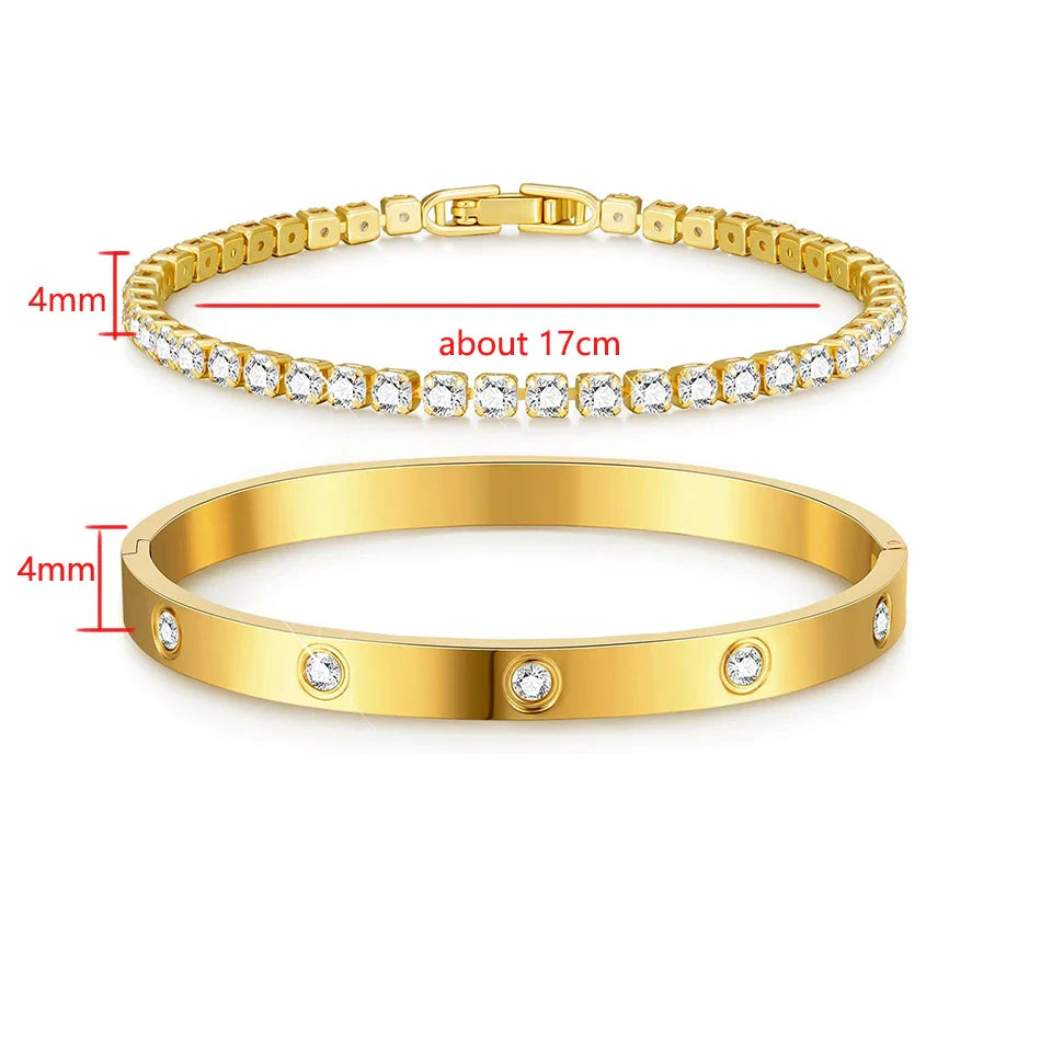 Yupsk 2 Pieces Stainless Steel Zirconia Tennis Bracelet Bangle Set Round Zircon CZ Aesthetic Women Jewelry Set Gift Vera Lux