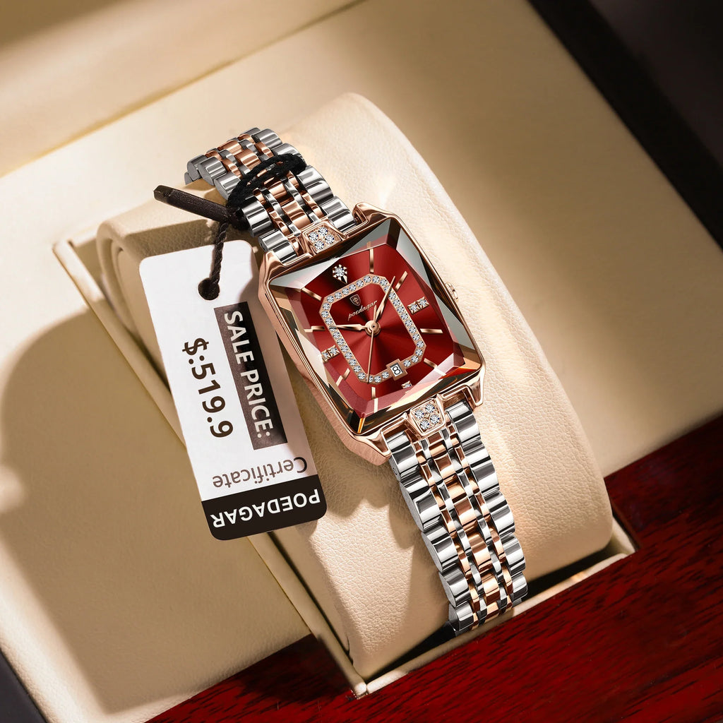 POEDAGAR Luxury Watch For Woman Elegant Waterproof Calendar Ladies Watch Rectangle Stainless Steel Quartz Women's Watches Female Vera Lux