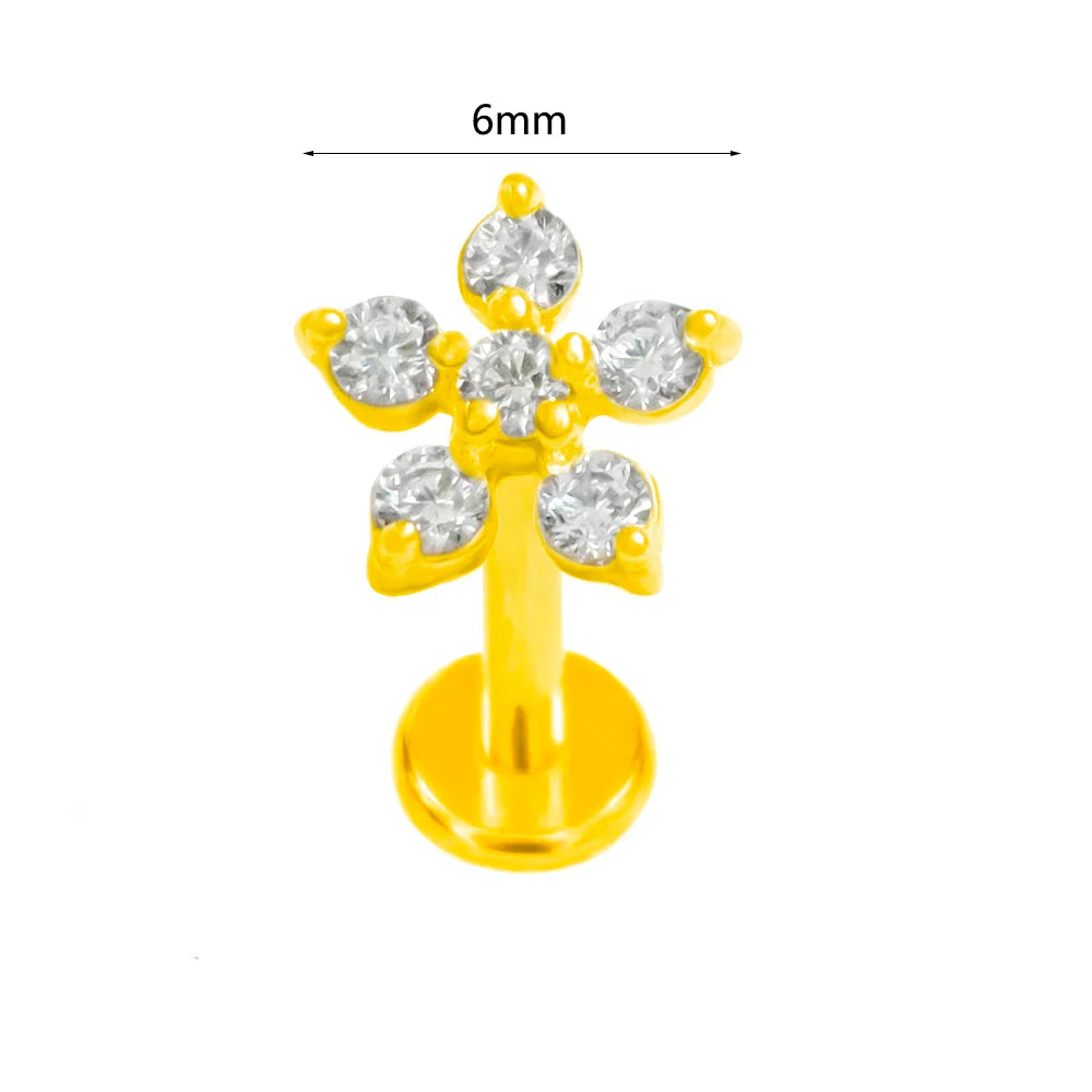 100% 316L Surgical Steel Flower Labret Piercing Butterfly Bee Tragus Snake Cartilage Helix Flat Back CZ Earrings Body Jewelry Vera Lux