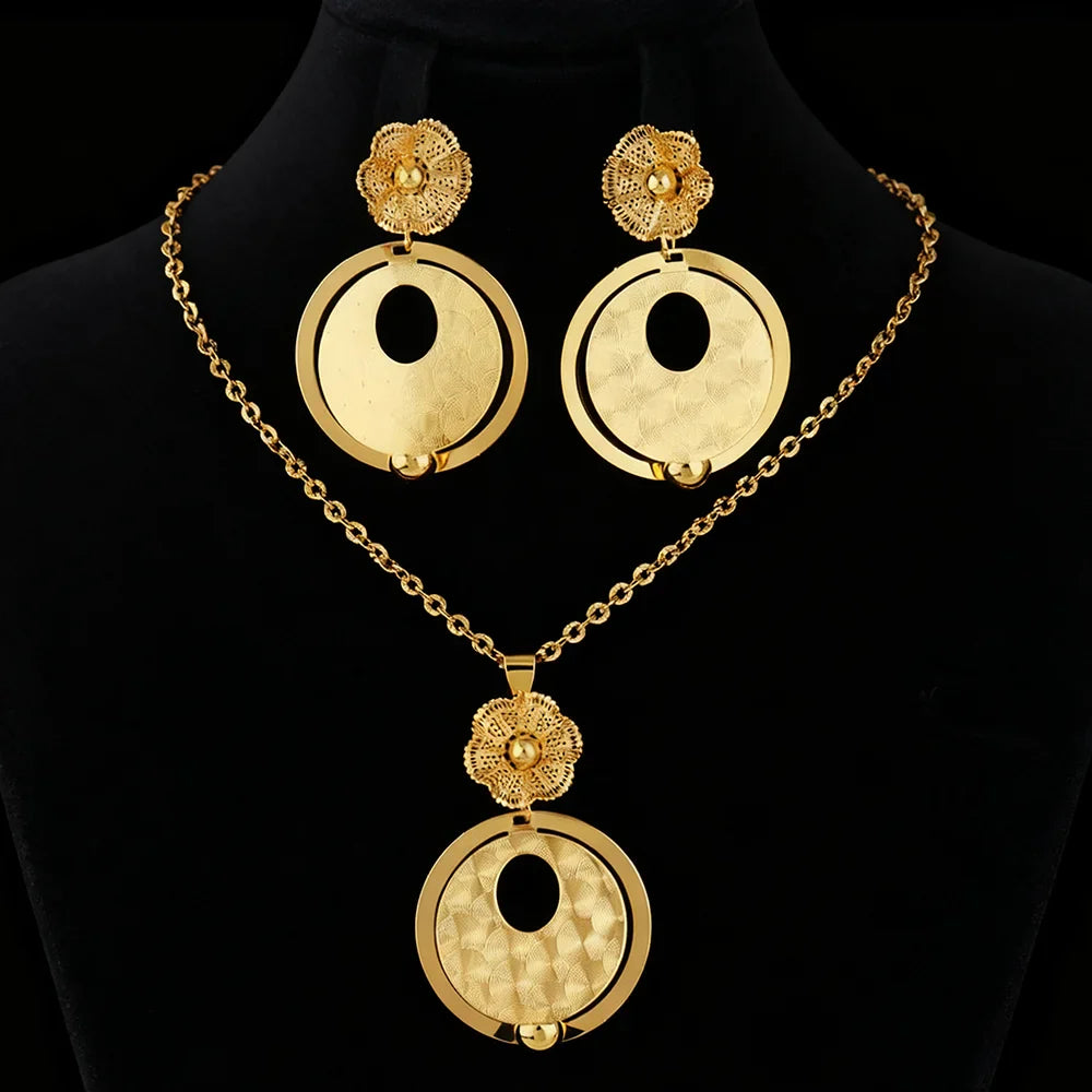 African Gold Color Women Necklace and Earrings Trend Dubai Flower Hollow Out Jewelry Set Gift For Party Wedding Daily Accessorie Vera Lux