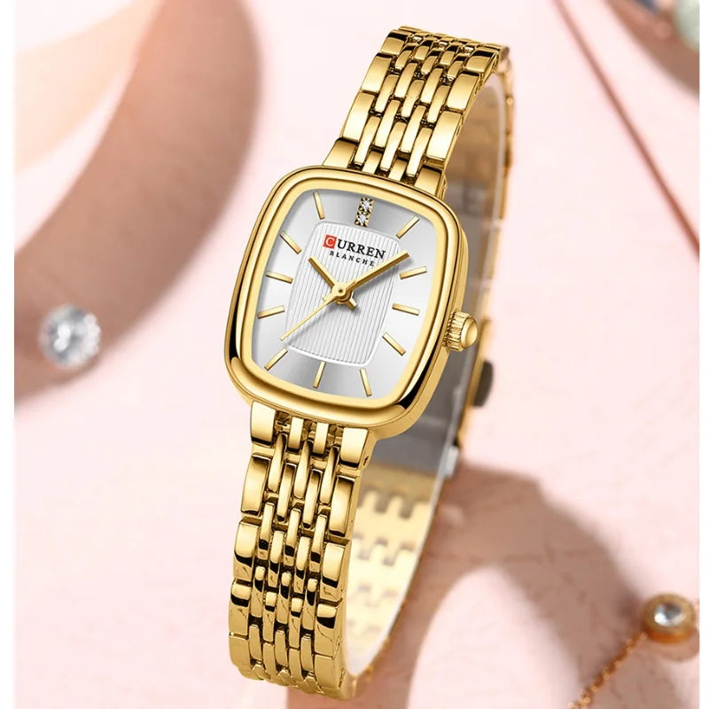 CURRN 9093 Women's Quartz Watch Fashion Leisure Diamond Simple Gold Silvery Steel Strip Wristwatch for Ladies Gift Clock Vera Lux